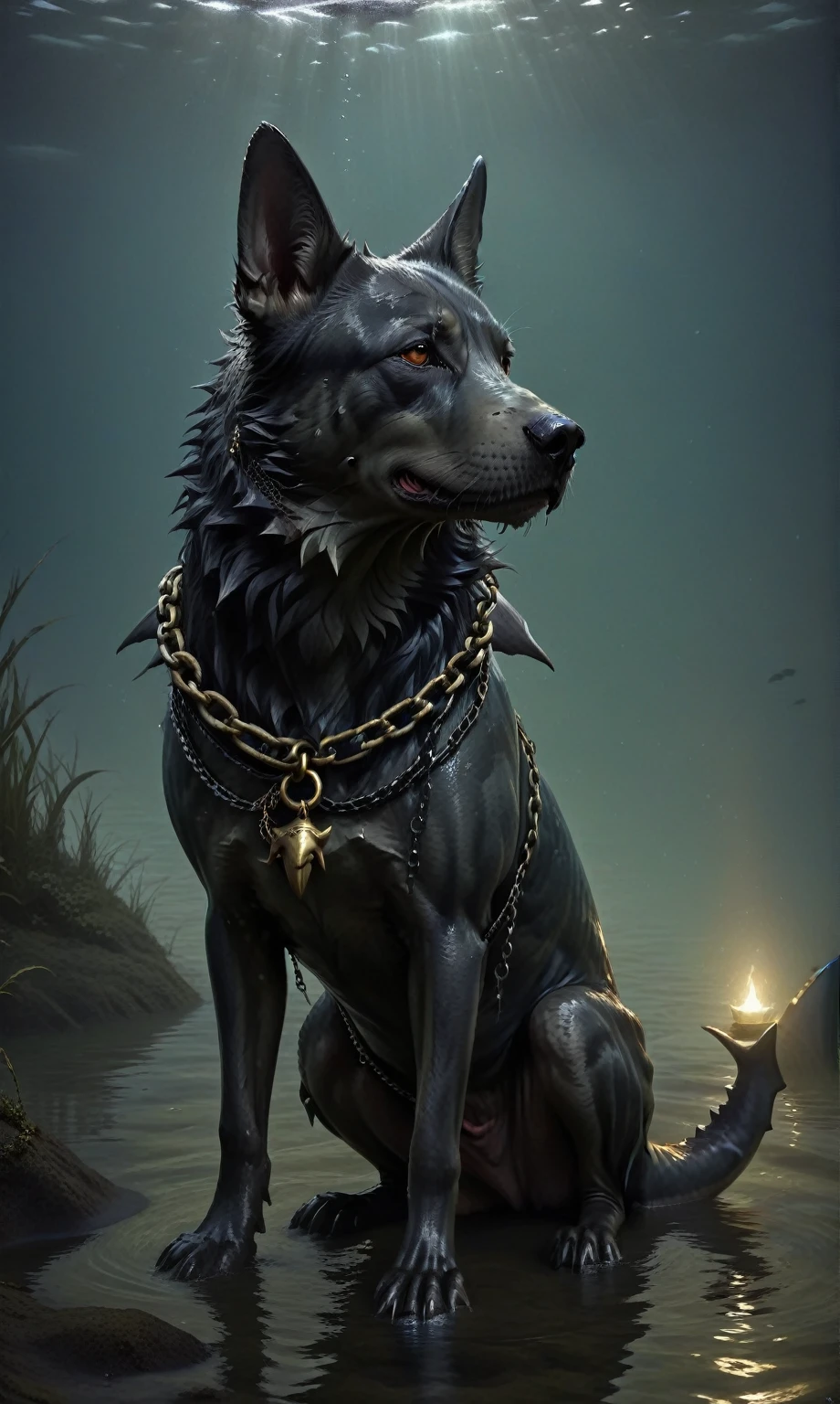 a creature with a ((shark head))), and the body of a dog, with a chain around its neck sitting in the water, in style of dark fantasy art, dark fantasy concept art, dark fantasy style art, photorealistic dark concept art, by Adam Marczyński, dark concept art, fenrir, dark cinematic concept art, dark fantasy art, dark fantasy illustration, creature design, guillem h. pongiluppi
