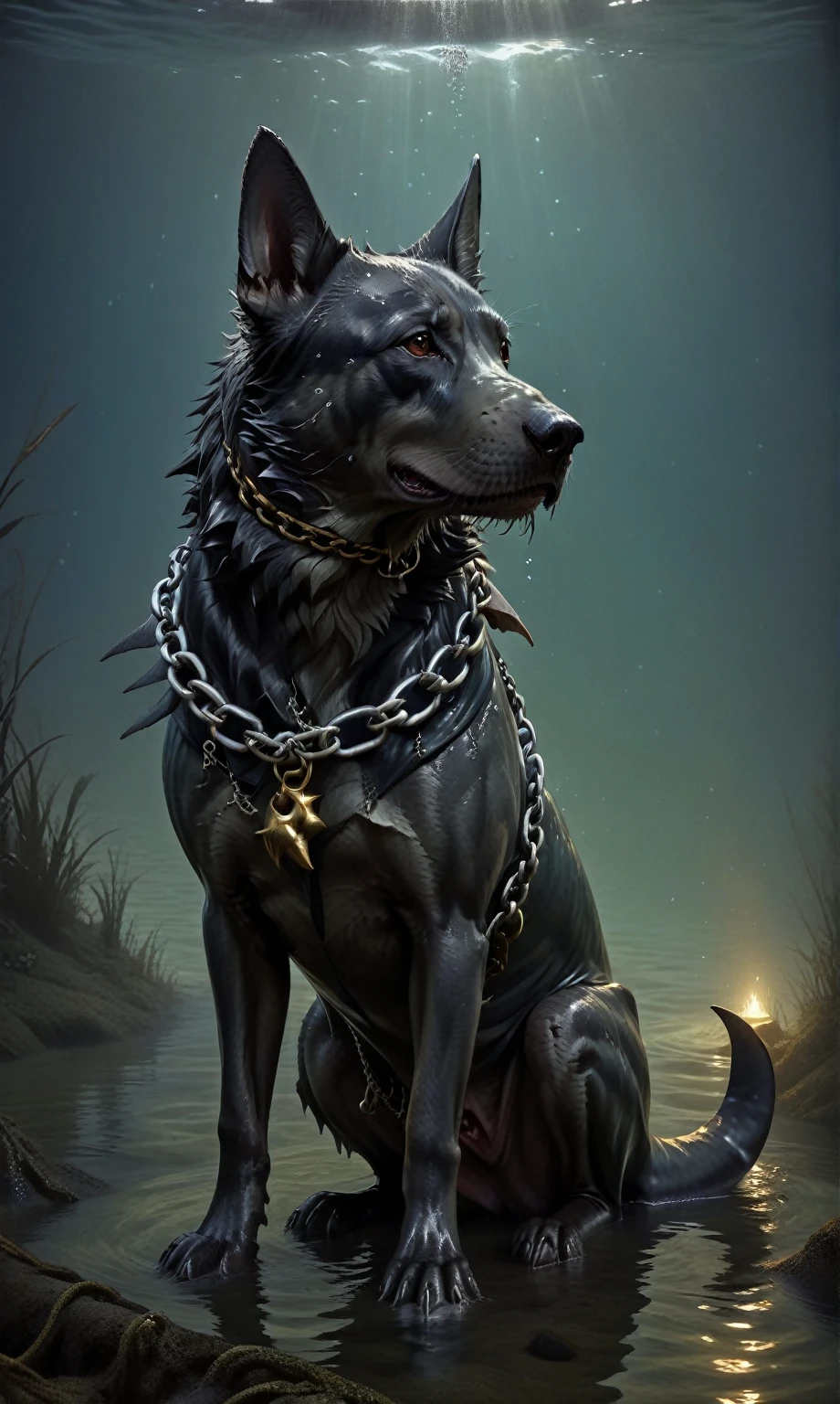 a creature with a ((shark head))), and the body of a dog, with a chain around its neck sitting in the water, in style of dark fantasy art, dark fantasy concept art, dark fantasy style art, photorealistic dark concept art, by Adam Marczyński, dark concept art, fenrir, dark cinematic concept art, dark fantasy art, dark fantasy illustration, creature design, guillem h. pongiluppi