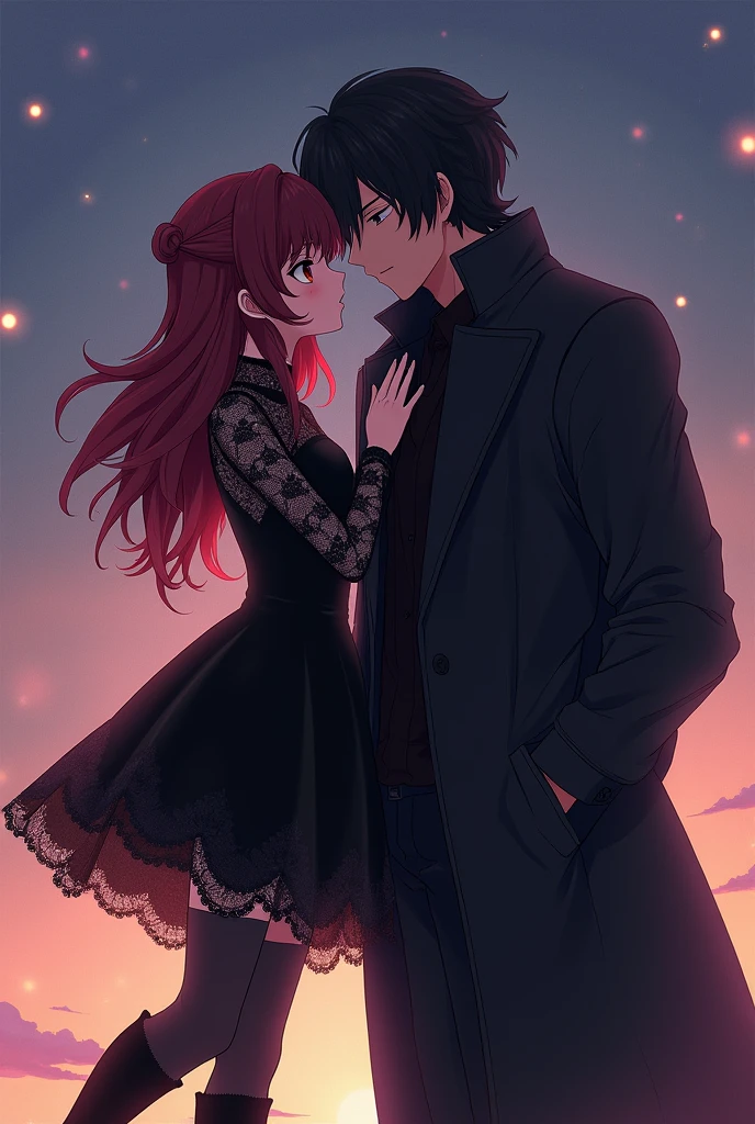 Two Anime characters: um casal, the shortest woman, with slightly light skin color and light brown eyes, with short wavy hair with bangs in wine red color wearing a black lace dress with thigh-high tights and black boots, has two moles between her lip and her nose skinny. The Biggest Man, black wavy hair with shoulder length hair, with black eyes, slightly white skin, with a black coat and pants and boots, with a serious face and a muscular body. She on tiptoe kissing him.