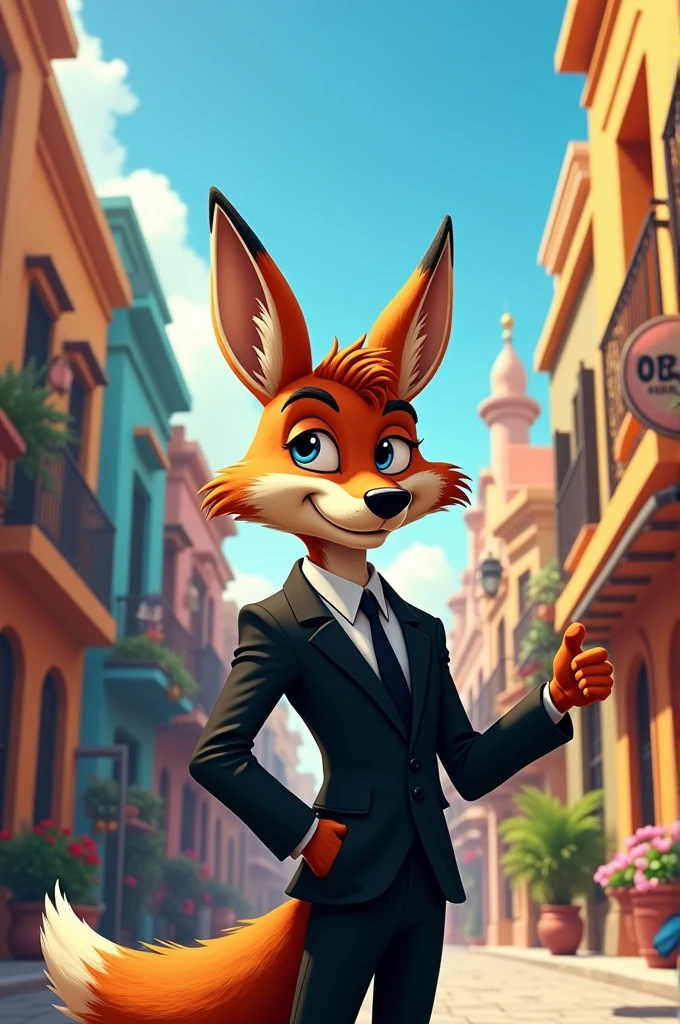 Animated coyote in black suit selling real estate in the state of Mexico