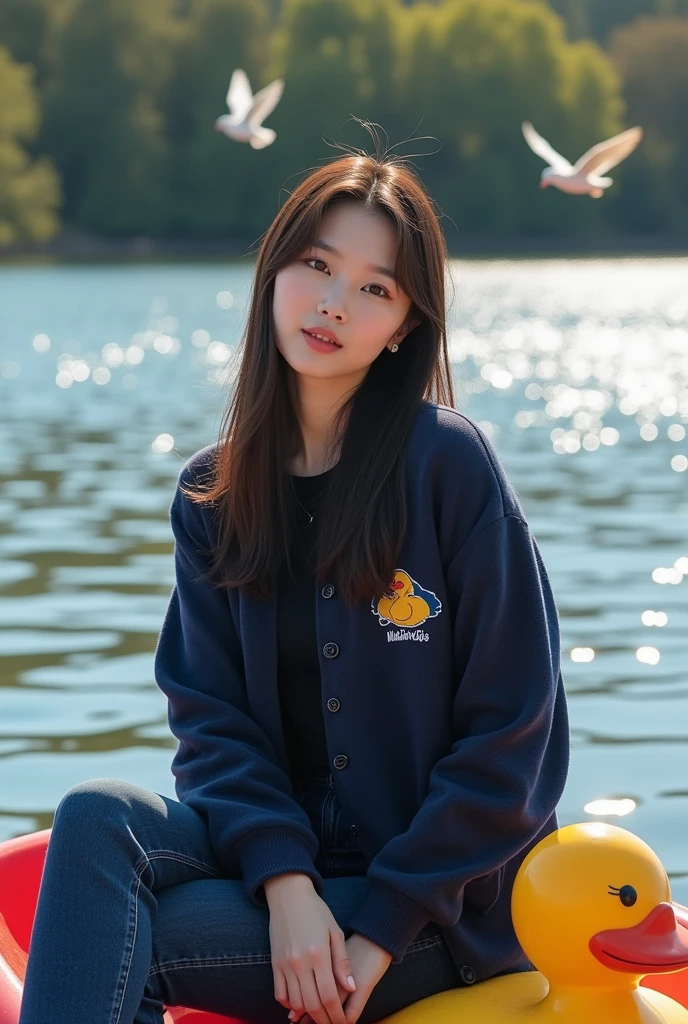 Beautiful white-skinned Korean woman, clean smooth skin, straight hair, wearing a dark blue cardigan with the Mamaskygibs logo, dark blue jeans, boots, looking straight ahead, sitting on a duck boat, approached by birds with a lake background, original photo