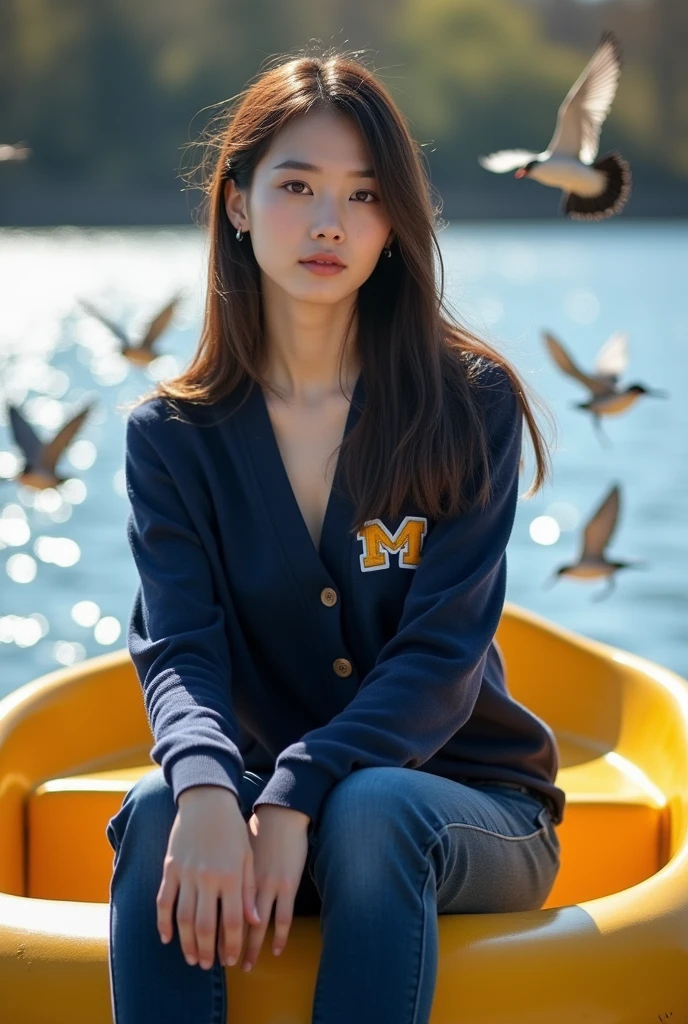 Beautiful white-skinned Korean woman, clean smooth skin, straight hair, wearing a dark blue cardigan with the Mamaskygibs logo, dark blue jeans, boots, looking straight ahead, sitting on a duck boat, approached by birds with a lake background, original photo