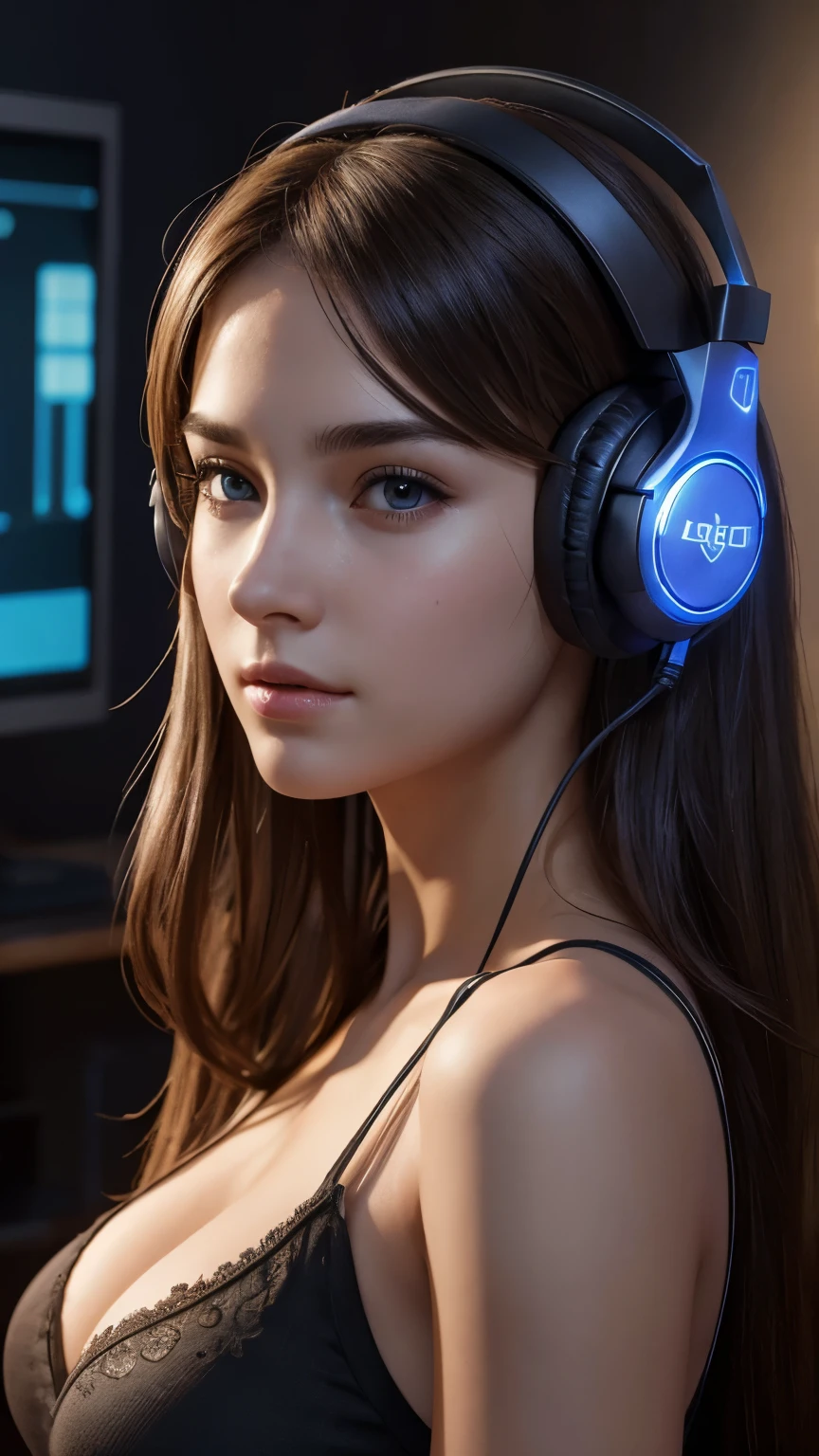 a gamer girl, high-quality headphones, detailed gaming room, beautiful detailed face, beautiful detailed eyes, sexy alluring pose, masterpiece, ultra-detailed, photorealistic, professional, vivid colors, studio lighting, extremely detailed description, (best quality, 4k, 8k, highres, masterpiece:1.2), ultra-detailed, (realistic, photorealistic, photo-realistic:1.37), concept art
