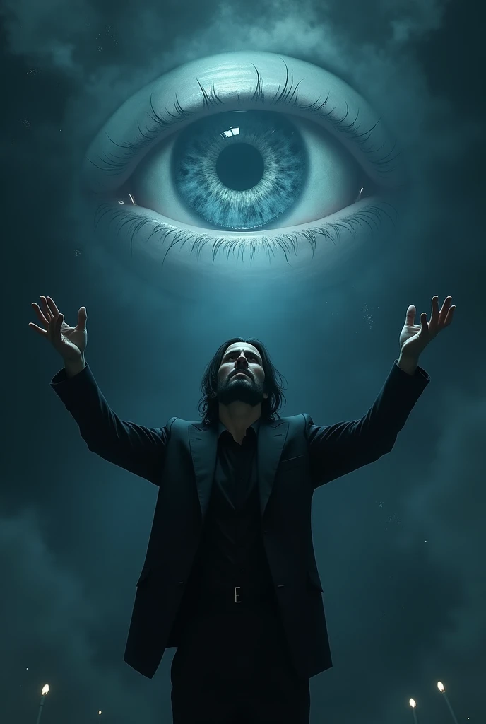 Make John Wick raise his hands while giving away his energy and looking at the dark sky with a cosmic dark eye, around the eyes there is black smoke 