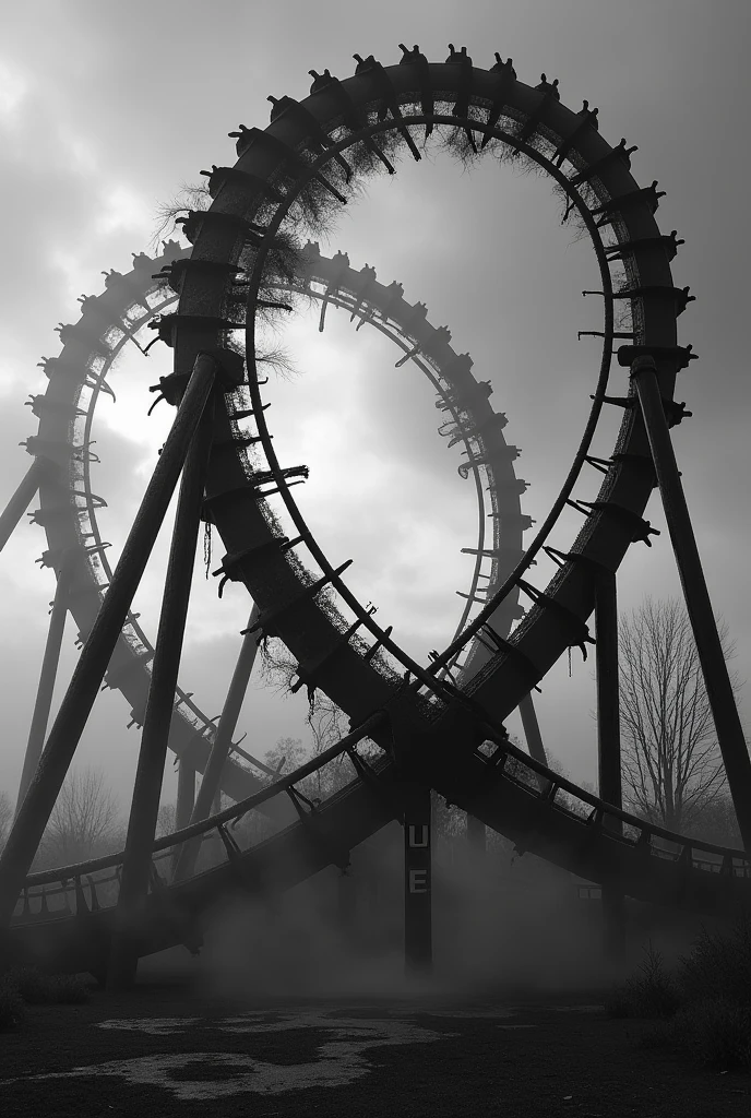 Roller coaster black and white horror scene, without people and with the name life