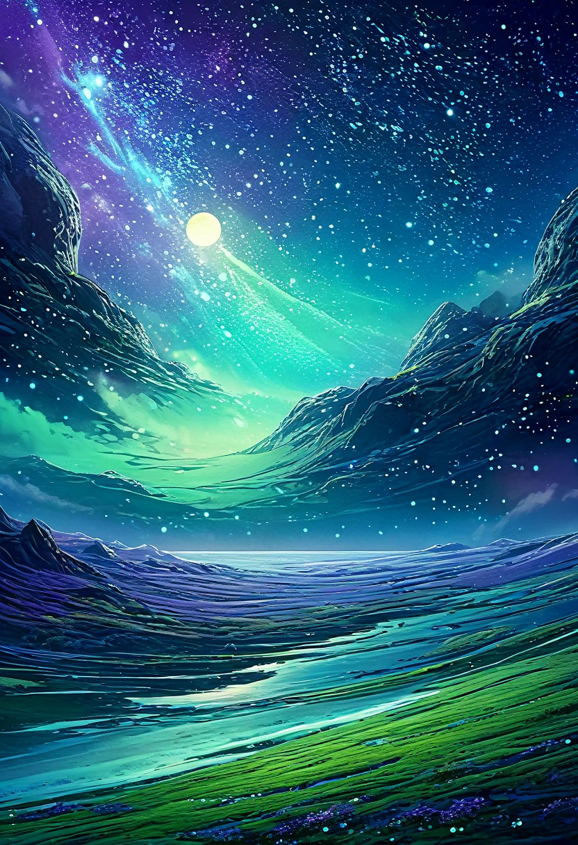 The moon is surrounded by many, many glowing stars. The starry sky is twinkling and the light trails are even brighter. Surreal scene. Beautiful stunning composition. Subtle shadows and highlights. Dark blues, light blues and greens, and purple tones. More color layers. Transformation Mystery Vibrant Tones Action Painting Highly Detailed HD Cinematic Close-Up Magical Fantasy Gorgeous Digital Art