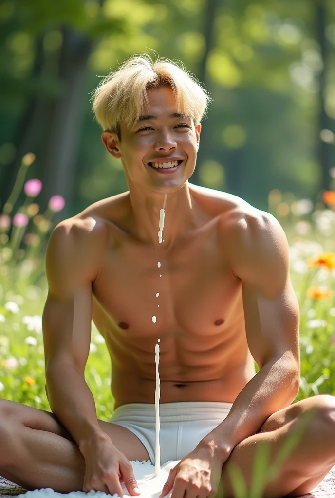 photorealistic, best quality, masterpiece, extremely detailed, sexy, homoerotic, extremely handsome, youthful, 25 year old muscular korean man, milk spilled on his body, blond hair, fair skin, (((muscular bodybuilder))), (((massive thighs))), wearing a white thong, sitting and having picnic, happy, at park, extremely romantic atmosphere, perfect face, perfect fingers, perfect hands, perfection