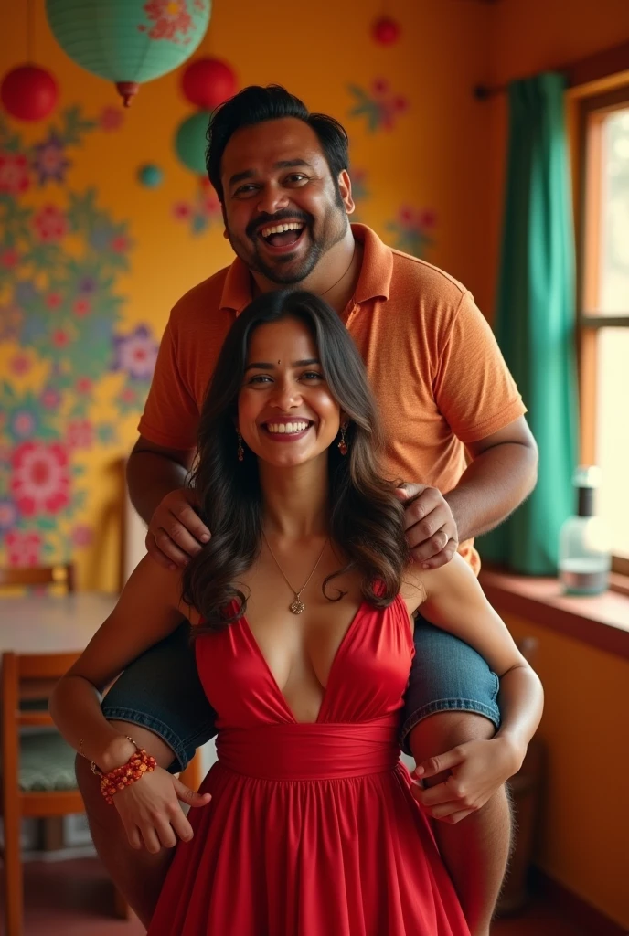 Create a realistic photograph of a smiling and beautiful indian actress in red satin carrying a large chubby man on her shoulders in a room, man is sitting on top of her shoulders , man on top, woman at bottom 