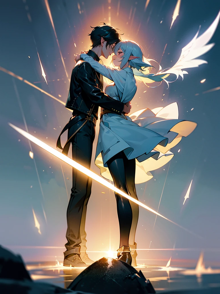 A male，solo，warrior，20 years old，Handsome，Wild short hair，Tall and strong，Sunlight，Smile，Eyes as deep as the sea，Worn-out leather jacket，Black pants，Leather Boots，sharp battle ax。
a girl，solo，magician，20 years old，Multi-toned white long hair，slim figure，A big smile，Gorgeous white dress，Elf-like temperament，magic wand，Elemental magic rendering。

Two people fall in love together，Hug each other。

Super detailed，Cinematic lighting effects，optimal