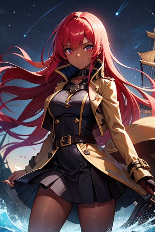 Beautiful girl, highlighted breasts, pirate outfit(trench coat, , skirts, weapons etc.), long red hair , dark skin tone, on a ship, looking at the starry sky in the middle of a storm