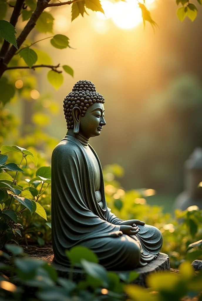 cyber buddha statue with visible circuits, highly detailed, hyper realistic, intricate details, glass, shiny, reflective, glowing aura, dramatic lighting, cinematic composition, serene expression, peaceful meditation pose, ornate decorations, gold accents, natural environment, lush foliage, sunbeams, photorealistic, 8k, masterpiece, cs-m3tal-ok_v06-1000