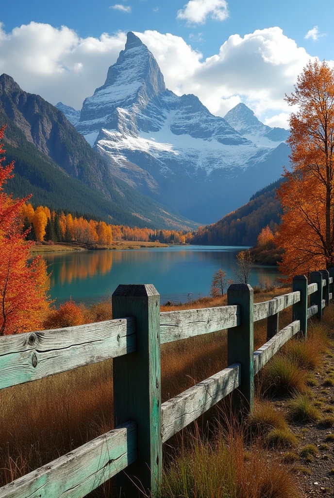 green plain old wooden fence a lake mountains beautiful colorful trees