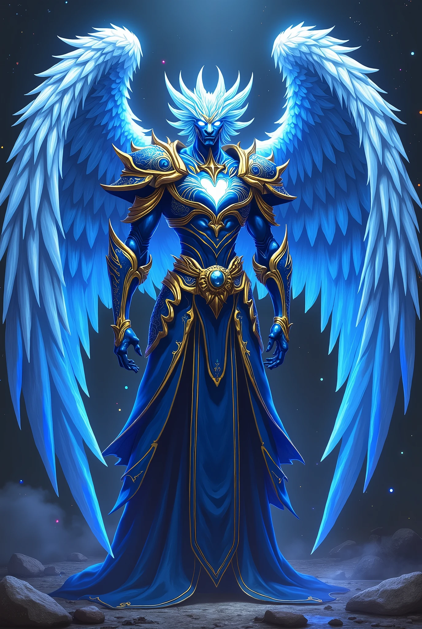 A blue and gold angelic being with large wings wearing armor, glowing white eyes, radiating aura of power, full body shot, drawn in the style of yu gi oh anime by Akira Toriyama "Bleheart" written on his chest, dark background, colorful lights