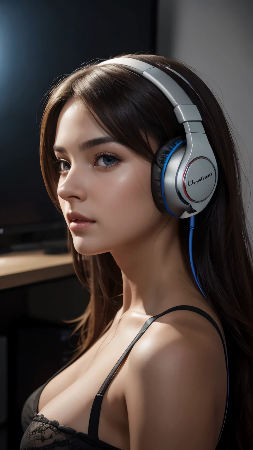 a gamer girl, high-quality headphones, detailed gaming room, beautiful detailed face, beautiful detailed eyes, sexy alluring pose, masterpiece, ultra-detailed, photorealistic, professional, vivid colors, studio lighting, extremely detailed description, (best quality, 4k, 8k, highres, masterpiece:1.2), ultra-detailed, (realistic, photorealistic, photo-realistic:1.37), concept art
