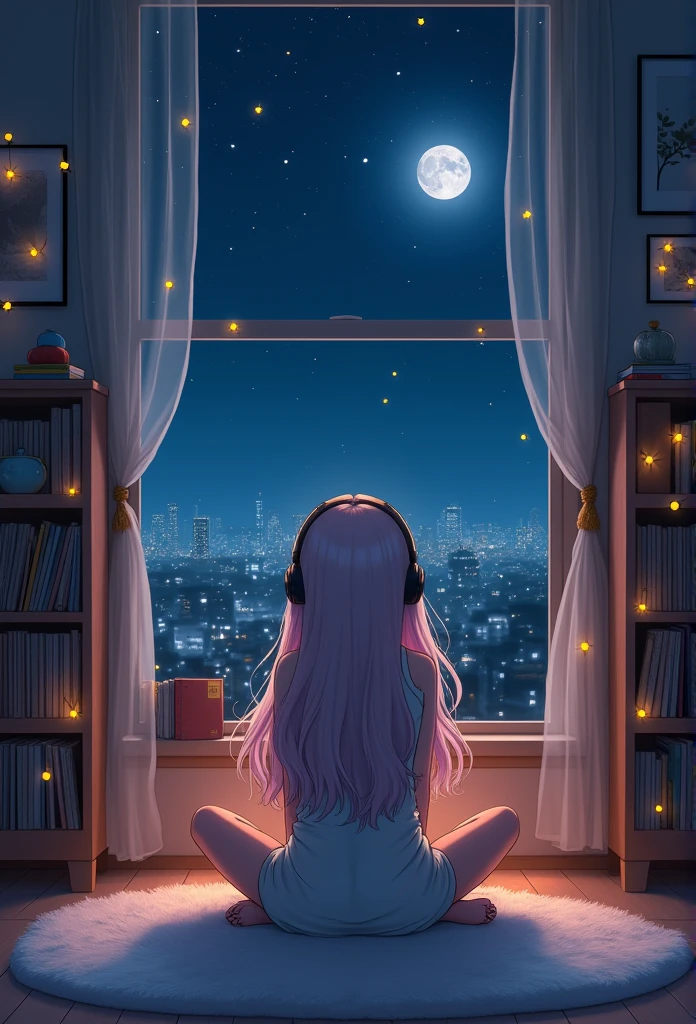 Girl listening to music in a cozy room at night, looking outside, using headphones, 2D style anime, lo-fi, hard disk, dark environment