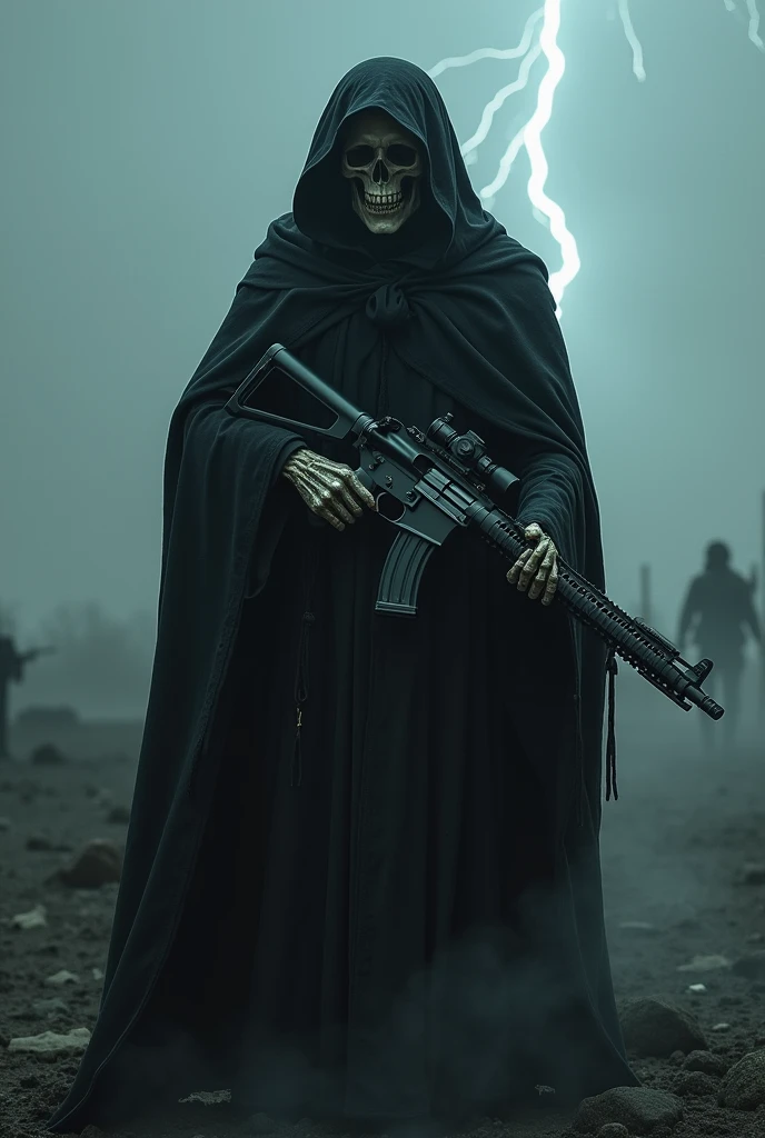 The grim reaper holding a machine gun with kaliber below it