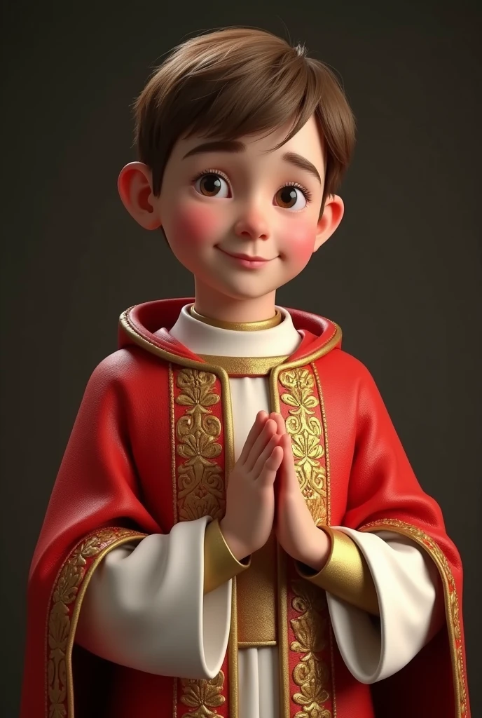 Saint Tarcisius, catholic saint, 3d render, ultra 4k, realistic, gold red and white catolic clothes, Youngh, hands together, looking at the camera