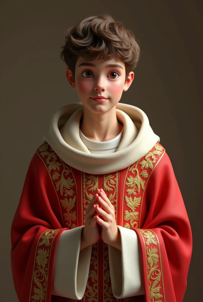Saint Tarcisius, catholic saint, 3d render, ultra 4k, realistic, gold red and white catolic clothes, Youngh, hands together, looking at the camera
