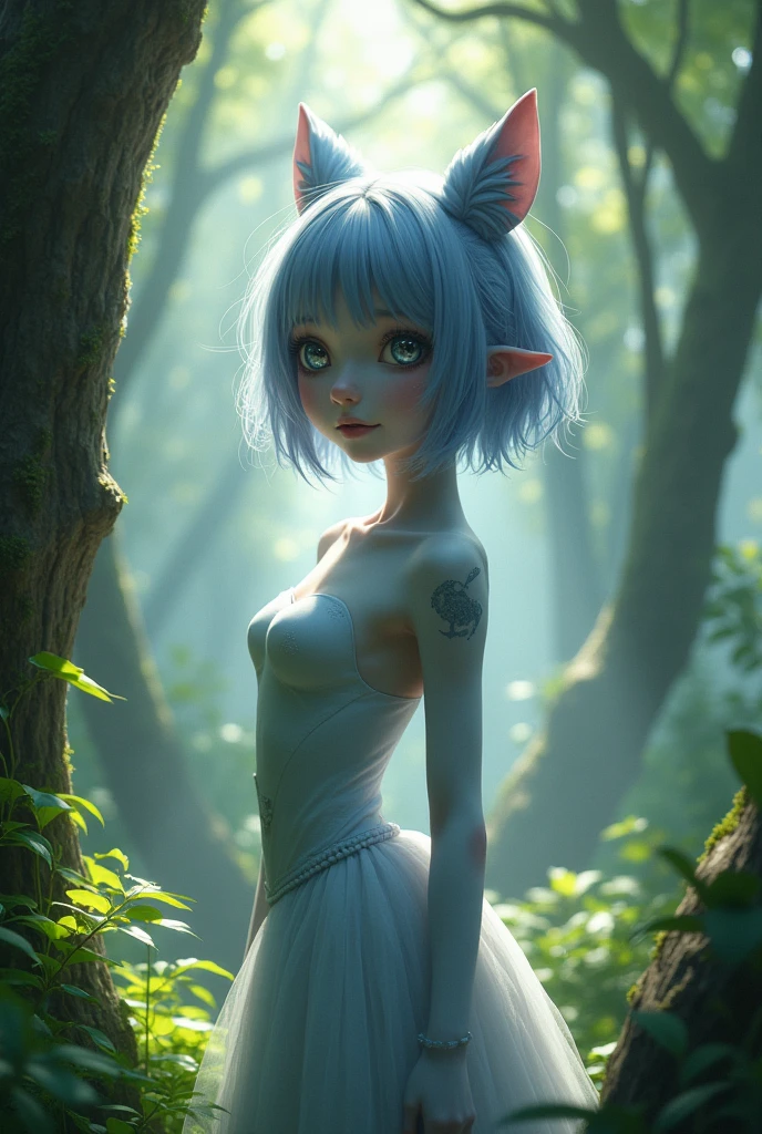 shy elf wearing a tight, see-through white skirt because she's wet
