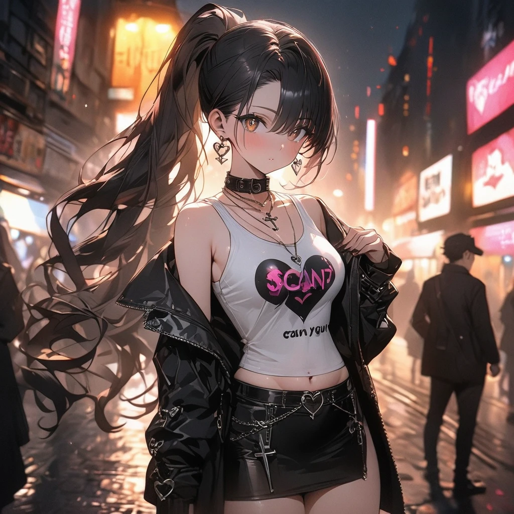 (((anime))) One woman,Gal,Black Hair,ponytail,Wear a black cap,Heart symbol,Pink Earrings,necklace,(cross),Collar with spikes Cool,Look this way,Brown eyes,Big pupils Black drop shoulder,I can see your shoulders,Short clothes,I can see my belly button,Black Skirt,Black Stockings Night,City of night,signboard,Street lamp light,Backlight,dazzling,A slightly blurry masterpiece,Highest quality,Exquisite,8k,Absurd,Ultra-fine illustrations,(View your viewers)