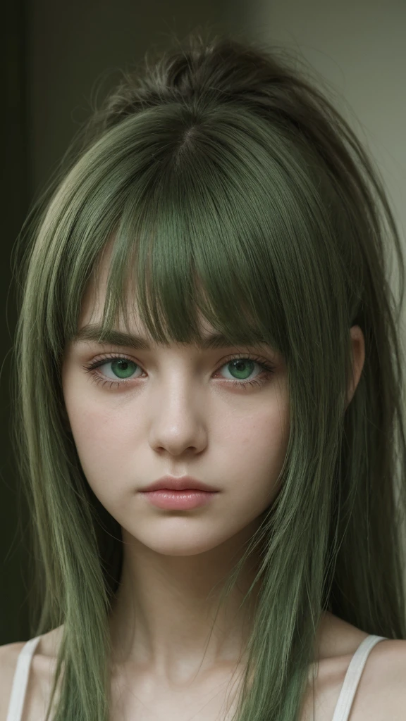 a girl. European. Extremely detailed face. Oval face. Delicate facial features. Half-closed eyes. Long straight hair. Messy hair. Bangs. Green hair. Green eyes. Sad. Angry. Indifferent. Shy. Straight face