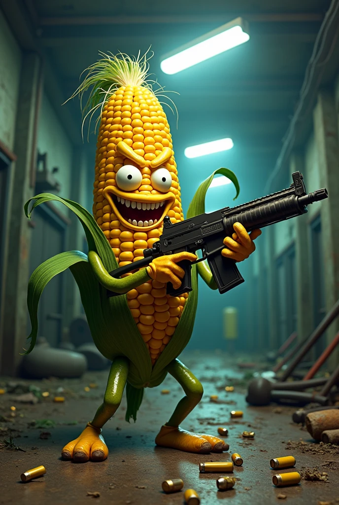 Psychopathic corn shooting everything with a machine gun 