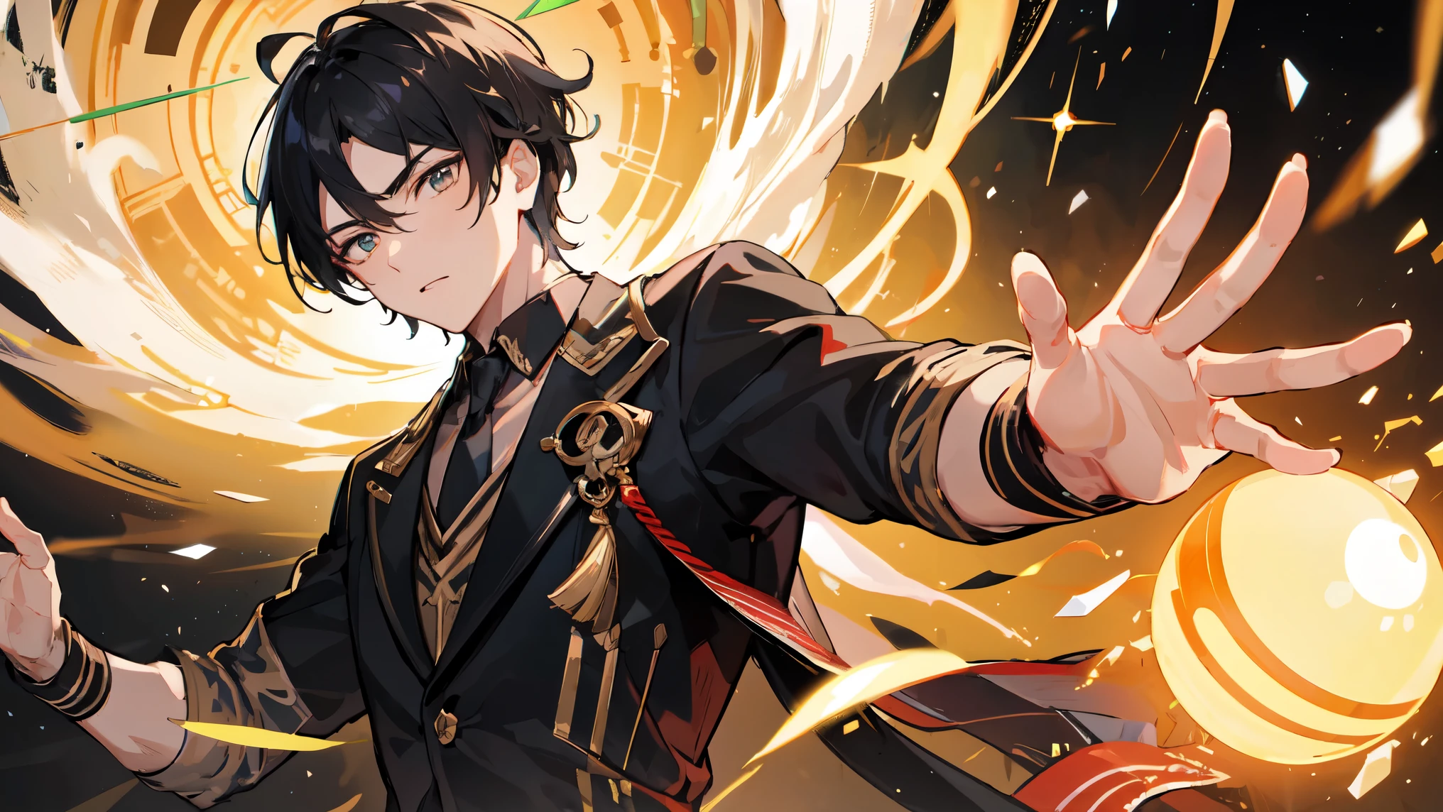 1 boy, High target, Thin, Fair skin, medium body shape, Black Hair, Mysterious expression, Asia, killer，There is a golden energy light ball surrounding the hand