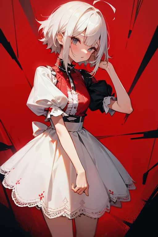 Short white hair, blush, Lace dress、Punk Fashion、Headbang 2.、Red clothes、