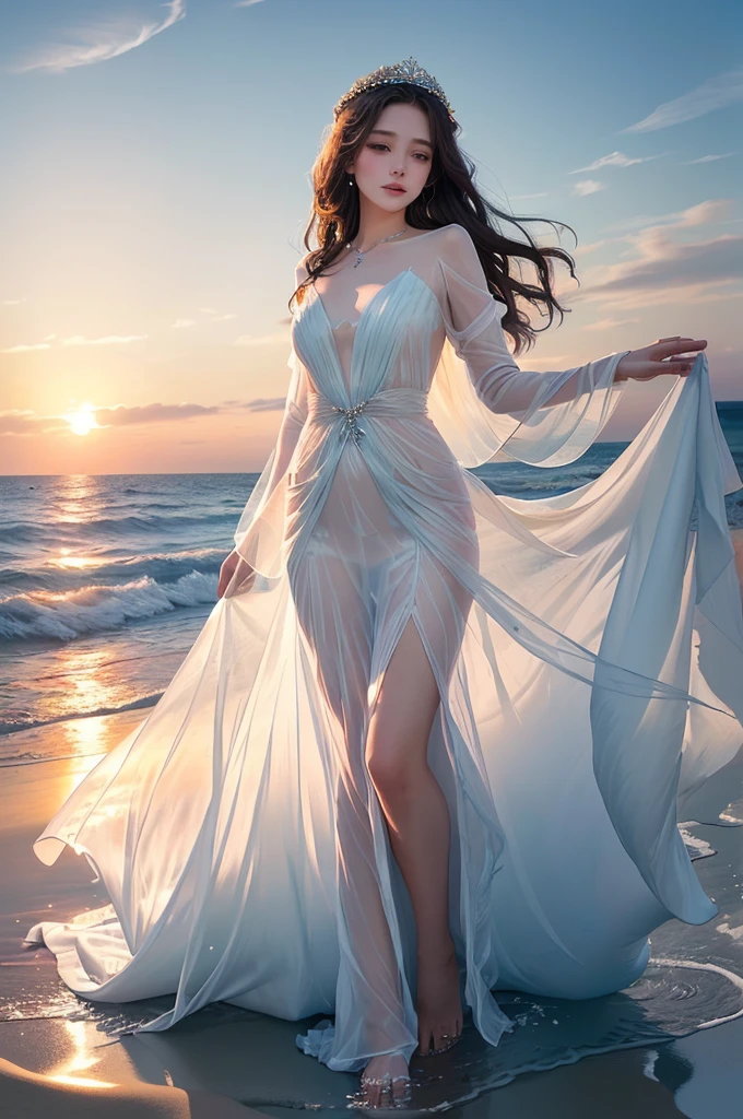 (Hyper-realistic 8k CG:1.2),Perfect artwork,((tmasterpiece)), ((Best quality)), (looking at viewert:1.1),(extremly intricate:1.2), (one girl with full body: 1.2), 1 Lady (own: 1.1), Standing on the crystal clear seaside,Cold and beautiful face, Skin as white and smooth as pearls, cabelos preto e longos,黑The eye, Slender and flexible body, long skirt,(symetrical eyes,no eye circles,pretty eyes),symmetrical hands,Slender and beautiful hands,perfect hand,Fingers turn white,(Perfectly symmetrical body),looking at viewert,wearing high heels,Whole body diagram