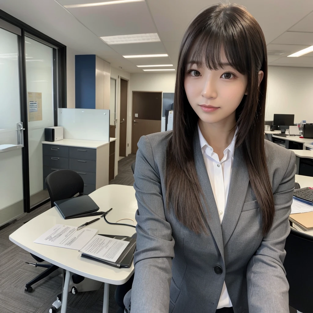 30 years old, female, long hair, bangs, office, business uniform