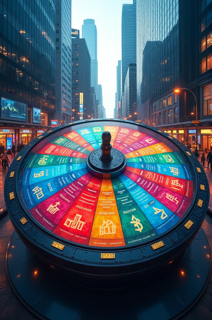 A wheel with different sections, each representing a factor (inflation, interest rates, balance of payments, etc.).