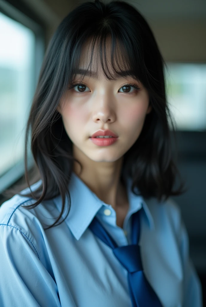 Realistic photo, Black Hair,There is a woman wearing a blue tie and a blue shirt., Young and cute gravure idol, Young Gravure Idol, Young and skinny gravure idol, Young Sensual Gravure Idol, realistic Young Gravure Idol, A sophisticated gravure idol, Japanese Model, ayami kojima amano, Chiho, It rains, realistic sensual gravure idol, Yasumoto Oka, ,Chiho, Beautiful straight hair,shikamimi, Yoshitomo Nara, kimi takemura, Yasumoto Oka, Kotegawa Yui, narumi kakinouchi, Portrait of Mayuri Shiina,Detailed face and body, Natural light, High resolution, photoRealistic, (Highest quality,8k,High resolution,masterpiece:1.2),Very detailed,(Realistic,photoRealistic,photo-Realistic:1.37),Realistic skin texture,Fine eyes and lips,Beautifully detailed face,Long eyelashes,Smooth Skin