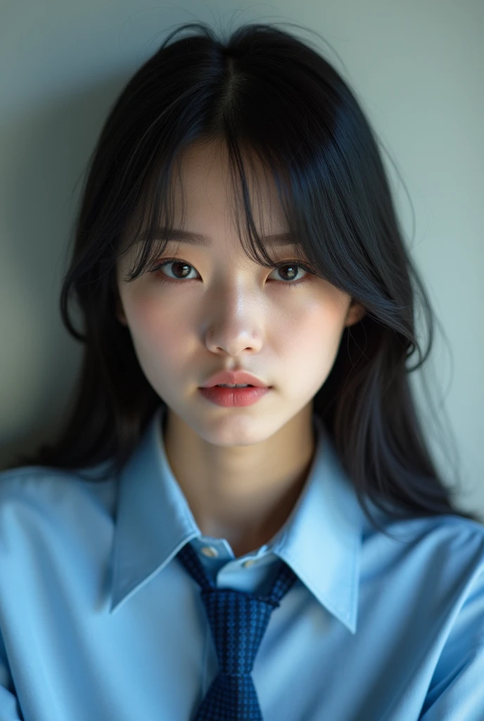 Realistic photo, Black Hair,There is a woman wearing a blue tie and a blue shirt., Young and cute gravure idol, Young Gravure Idol, Young and skinny gravure idol, Young Sensual Gravure Idol, realistic Young Gravure Idol, A sophisticated gravure idol, Japanese Model, ayami kojima amano, Chiho, It rains, realistic sensual gravure idol, Yasumoto Oka, ,Chiho, Beautiful straight hair,shikamimi, Yoshitomo Nara, kimi takemura, Yasumoto Oka, Kotegawa Yui, narumi kakinouchi, Portrait of Mayuri Shiina,Detailed face and body, Natural light, High resolution, photoRealistic, (Highest quality,8k,High resolution,masterpiece:1.2),Very detailed,(Realistic,photoRealistic,photo-Realistic:1.37),Realistic skin texture,Fine eyes and lips,Beautifully detailed face,Long eyelashes,Smooth Skin