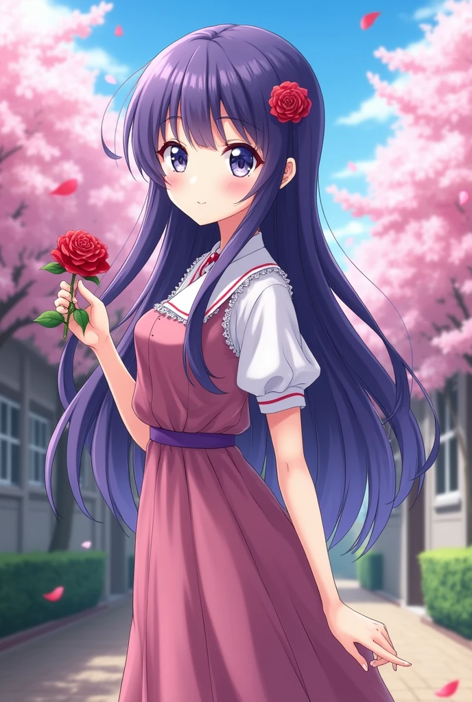 A beautiful girl, with pirpal hair, with white eyes, with school dress , a rose in his hand, anime