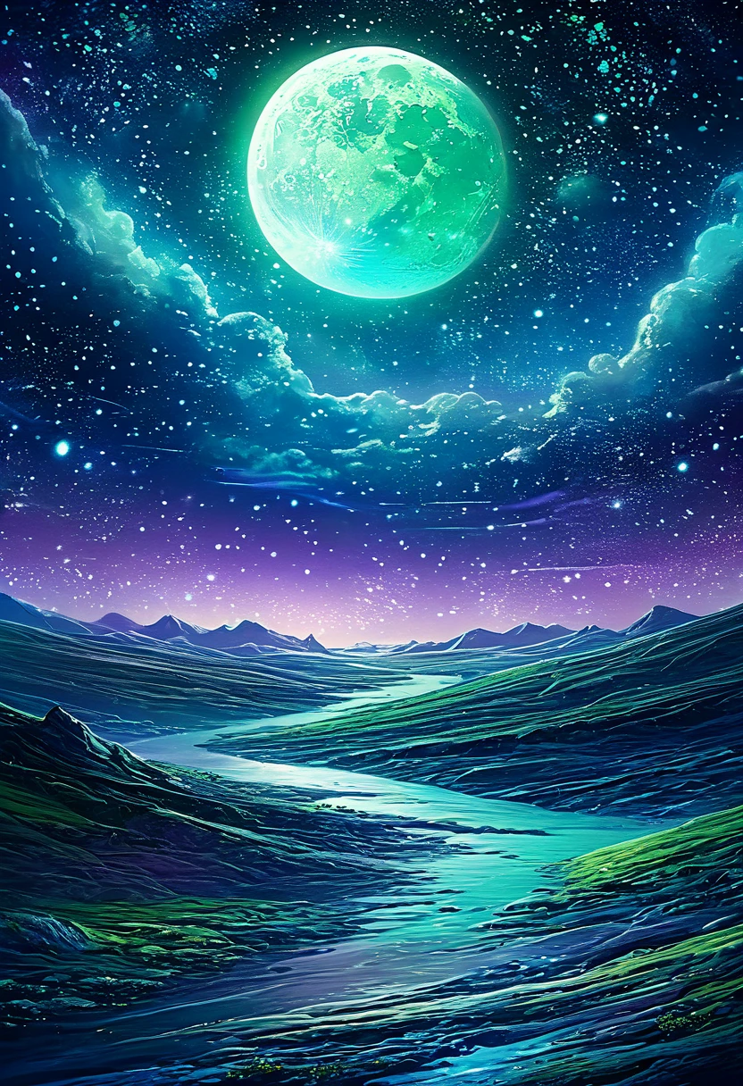 The moon is surrounded by many, many glowing stars. The starry sky is twinkling and the light trails are even brighter. Surreal scene. Beautiful stunning composition. Subtle shadows and highlights. Dark blues, light blues and greens, and purple tones. More color layers. Transformation Mystery Vibrant Tones Action Painting Highly Detailed HD Cinematic Close-Up Magical Fantasy Gorgeous Digital Art