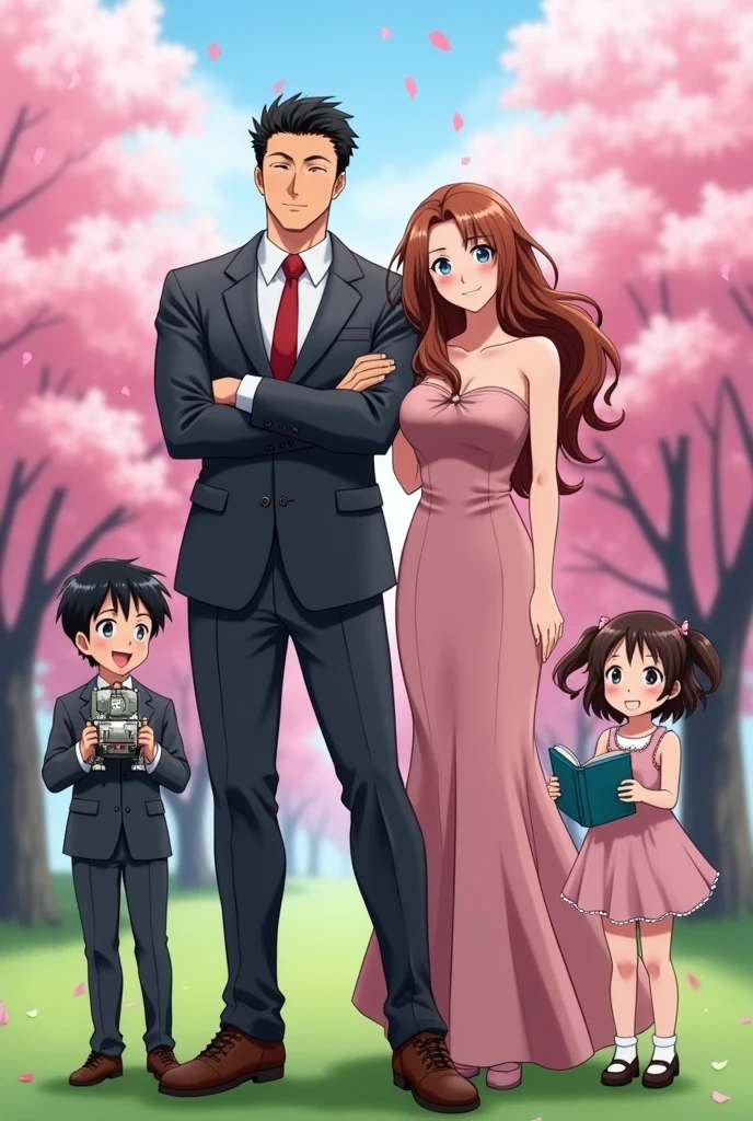 anime style drawing of a strong man in a suit with his realistic family