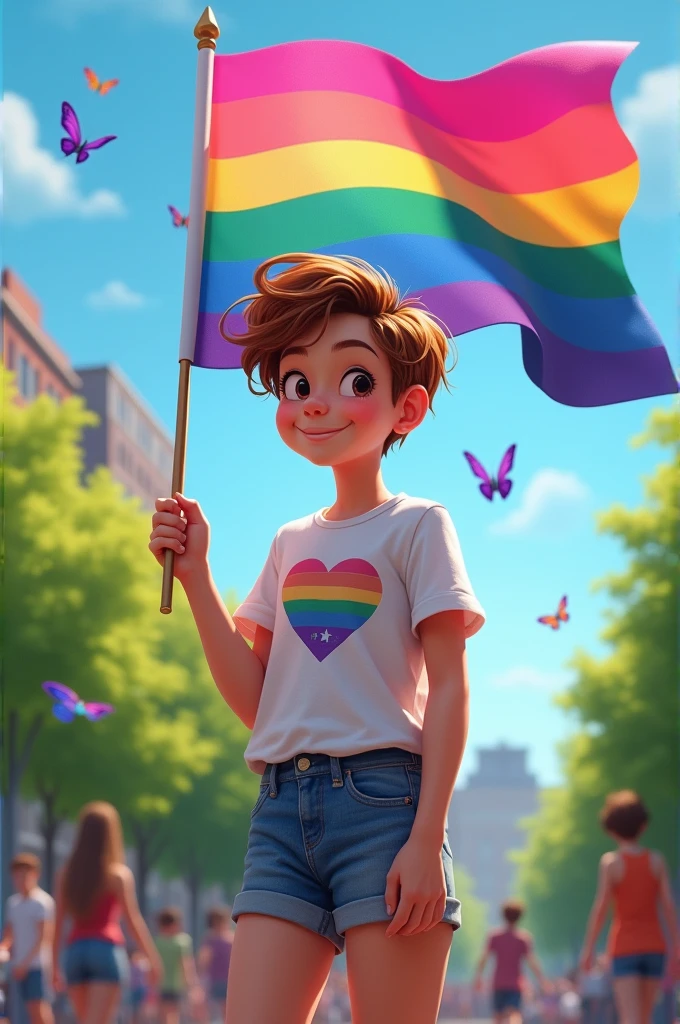Creates a 13 year old holding a bisexual flag