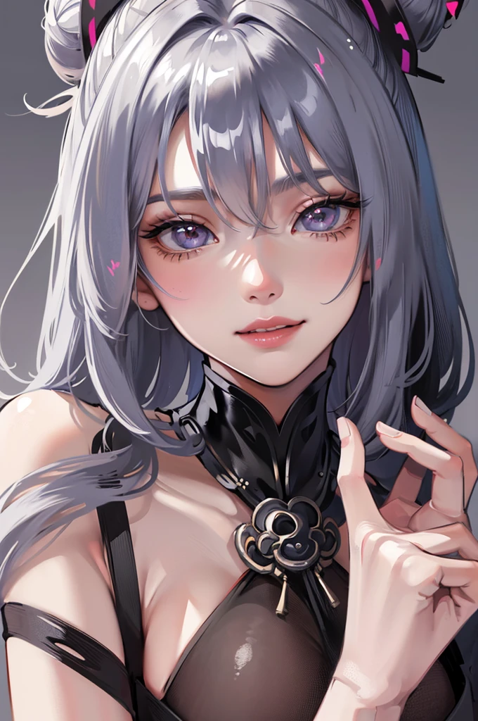 (masterpiece: 1.2), (best quality: 1.2) 1 woman, mature, tall (1.85), appeared to be around 28 years old, had silver (light) hair, straight and shiny hair, tied up in samurai bun, bangs, silver eyes like the purest silver, extremely detailed eyes, perfect eyes, extremely realistic eyes, well-lined eyes, long eyelashes, anime style, perfect face, milf face, sculpted chin, ultra feminine chin, lips fleshy, smiling, mature, fair skin, natural body, sexy body, milf body, both hands on her waist, perfect hands, detailed hands, hands well proportioned to the body, realistic hands, arms with good anatomy, huge , extremely large and enormous breasts that hung down due to her size,
