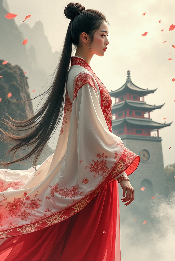 (Photorealistic, RAW, 16K, Masterpiece, UHD), full body, splash-ink tai chi illustration, yin yang illustration, Chinese Wuxia (real sexy Dilraba Dilmurat), ponytail, dramatic angle, looking_at_viewer,(fluttered detailed ink splashs), (illustration),(((1 girl))),(long hair), (Beautiful face), ,(rain:0.6),((expressionless ,Carmine hair ornament:1.4)),(There is a palace far away from the girl),chinese clothes,((focus on the girl)), color Ink wash painting,(ink splashing),(Huaqing splashing),((colorful)),[sketch],best quality, beautifully painted,highly detailed,(denoising:0.7),[splash ink],yin yang, tai chi, perfect hand, perfect fingers, beautiful eyes, ,xuer Ancient golden armor, Dual Sword,Weapon
