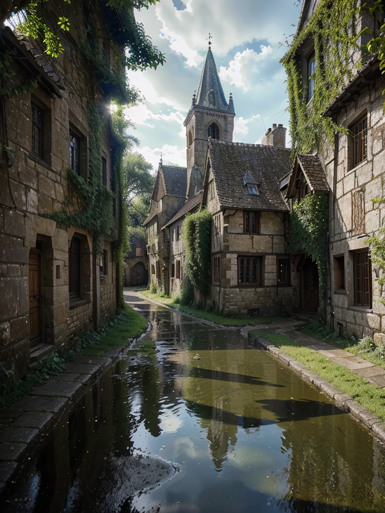 a medieval town, a medieval house, a puddle-filled road, green trees, bright sky, digital art, concept art, 8k, highly detailed, photorealistic, cinematic lighting, vibrant colors, moody atmosphere, medieval architecture, cobblestone streets, overgrown ivy, sunbeams, dramatic shadows, ornate details, weathered textures, fantasy landscape