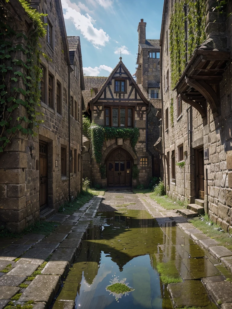 a medieval town, a medieval house, a puddle-filled road, green trees, bright sky, digital art, concept art, 8k, highly detailed, photorealistic, cinematic lighting, vibrant colors, moody atmosphere, medieval architecture, cobblestone streets, overgrown ivy, sunbeams, dramatic shadows, ornate details, weathered textures, fantasy landscape