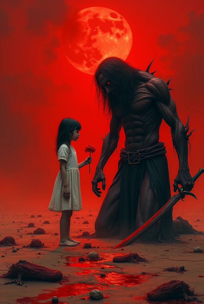 1 girl with a flower in her hand crying, 1 kneeling demon with a sword and without an arm, red desert, bodies on the ground, Red Sky, blood stains, High Definition, 4k, Shocking, epic