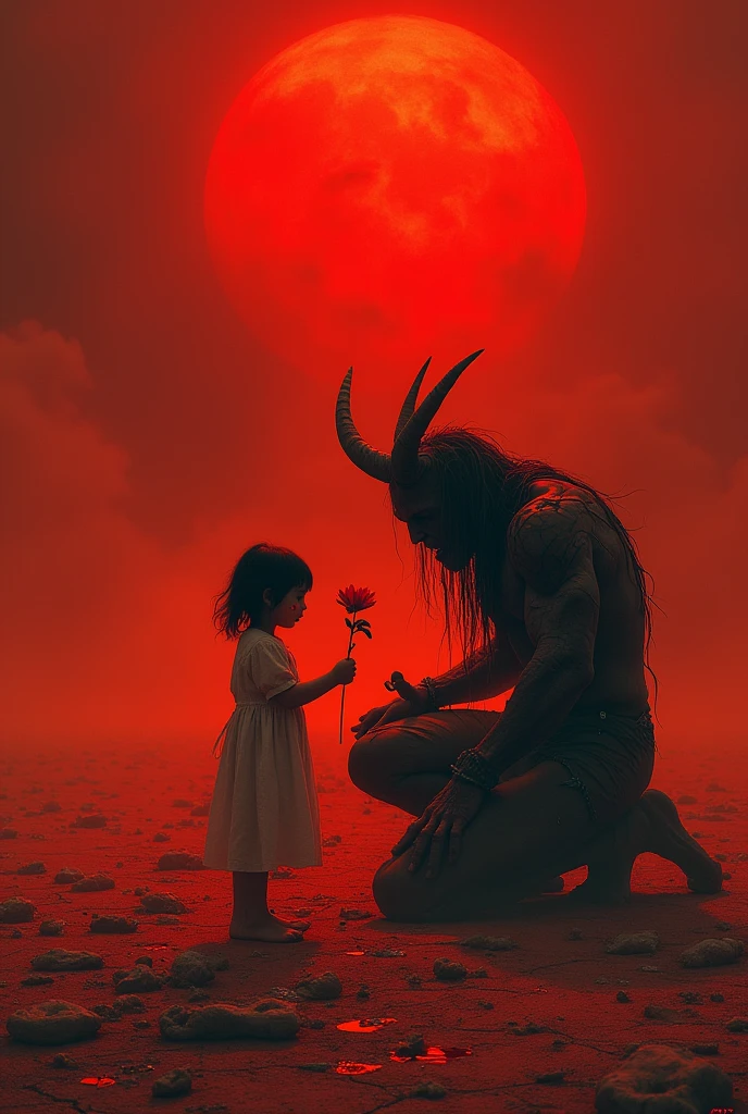 1 girl with a flower in her hand crying, 1 kneeling demon with a sword and without an arm, red desert, bodies on the ground, Red Sky, blood stains, High Definition, 4k, Shocking, epic