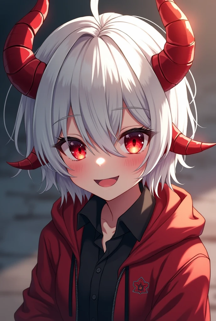 Demon Souls, , shotacon, pose sexy, horns, Red eyes, by white, anime, portrait, Ahegao, masculine, big smile. white hair