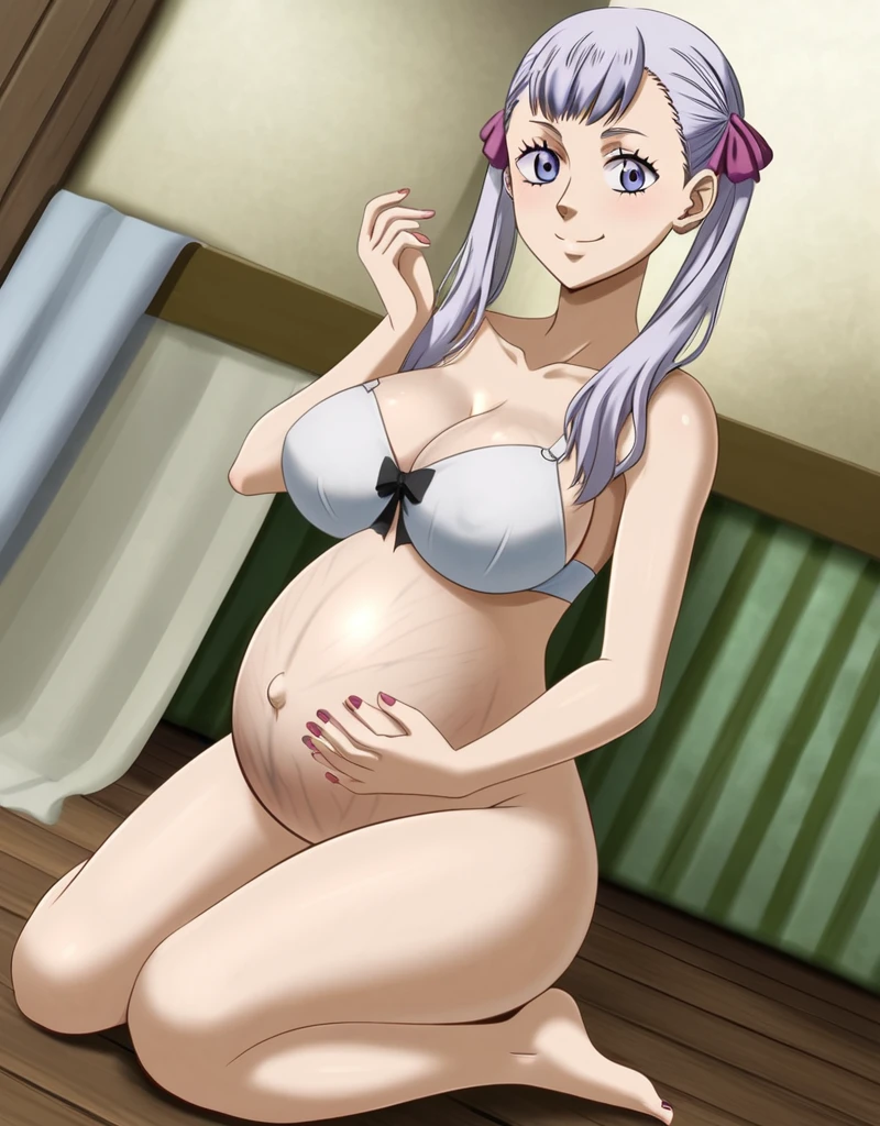 noelle_blackclover, Noelle Silva, Black Clover, long silver hair, waist-length hair, half-up half-down hairstyle, ribbon, soft waves, side-parted bangs, almond-shaped blue eyes, high-quality, ultra-detailed, beast quality, 8K resolution,
looking at viewer, dutch angle, cowboy shot, smile, pregnant belly, large belly, big belly, big Breasts, Lying down, Stretch marks,
1girl,solo, indoors, happy, Smiling, rub belly,
full body, Nail polish,