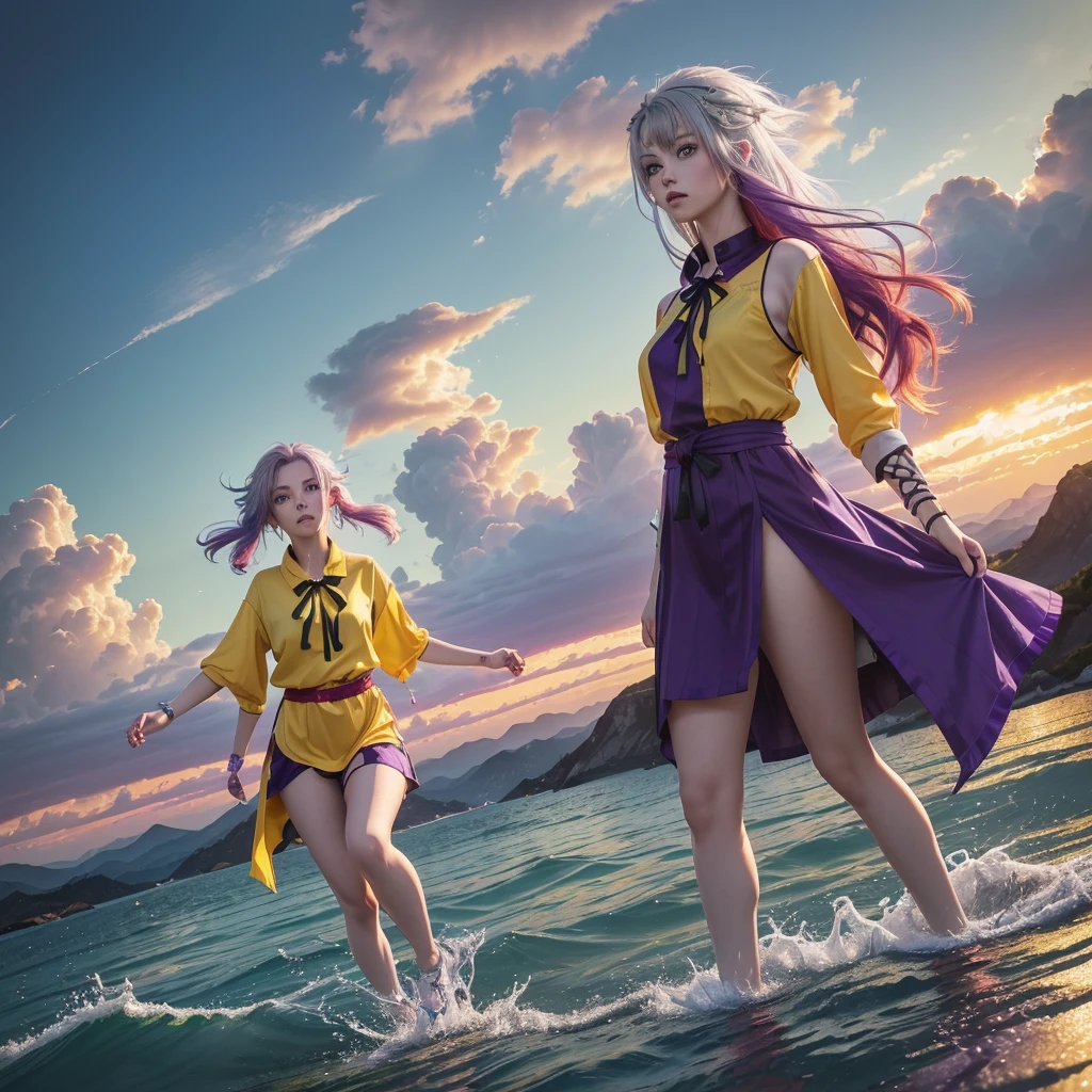 1.5),(1 girl),(dynamic pose),(multicoloRed hair+Silver hair:1.3+Red hair:1.2+purple hair+yellow hair:1.3+green hair:1.3),(blue eyes),(neck ribbon),(floating),(cloud),(too many drops of water),(dusk),(Aquarell),(wide angle shot)