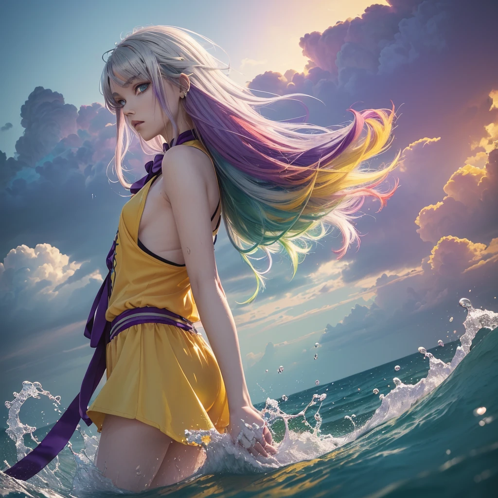 1.5),(1 girl),(Dynamic Pose),(multicolored hair+Silver hair:1.3+Red hair:1.2+Purple hair+Yellow hair:1.3+Green hair:1.3),(Blue eyes),(Neck ribbon),(floating),(cloud),(Too many drops of water),(Twilight),(watercolor paiting),(Wide Shot),anklets,sandal,Naked,