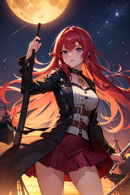 Beautiful girl, highlighted breasts, pirate outfit(trench coat, , skirts, weapons etc.), long red hair , on a ship, looking at the starry sky in the late afternoon, ao por do sol