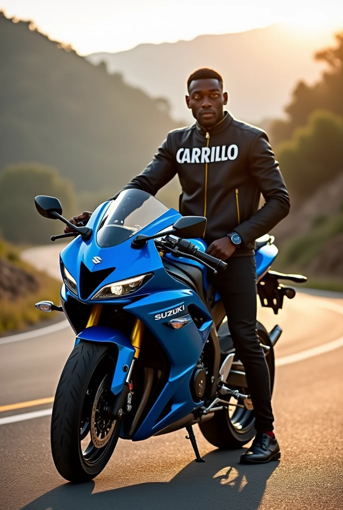 Blue suzuki gixxer naked motorcycle with the name carrillo on a jacket