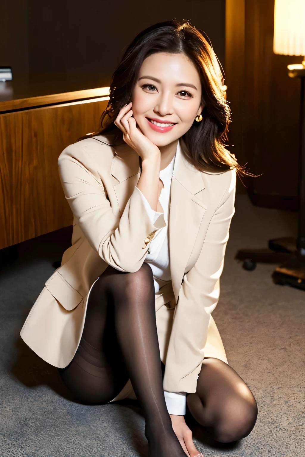 ulzzang -6500-v1.1, (Raw photo:1.2), (Photorealsitic), Beautiful detailed, Famous popular actresses、 (Real: 1.4), extremely detailed eye and face, beatiful detailed eyes, ((Late Night Office:1.2)), ((Women's Suits:1.3, Ultra-realistic pantyhose:1.2))、selfee、Instagram、harsh trial、game_nffsw, captured from behind、huge filesize, hight resolution, ighly detailed, top-quality, [​masterpiece:1.6], illustratio, ighly detailed, nffsw, finely detail, top-quality, 8k wallpaper, Cinematographic lighting, 1 milf, 42 year old, perfect body type, Beautiful big drooping eyes、Pieckfinger, ((masutepiece)), Best Quality, 1 milf, eye shadow,  high-heels、Portrait, ((FULL BODYSHOT:1.4))、(Very affectionate smile:1.2)、realistic skin textures、shinny skin、turned around、Exposed thighs!!!